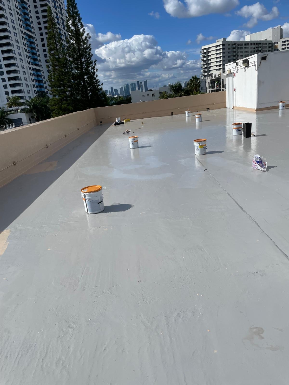 Freshly coated flat roof deck with the Miami skyline in the background
